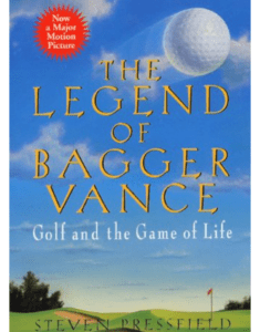 Book cover of "The Legend of Bagger Vance" showing a golf ball in the sky above a serene golf course, encapsulating the novel's theme of golf as a spiritual journey.